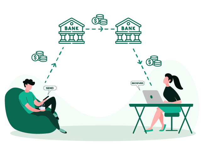 A Man and Woman Sitting at a Desk with Money, Ready for Same Day ACH