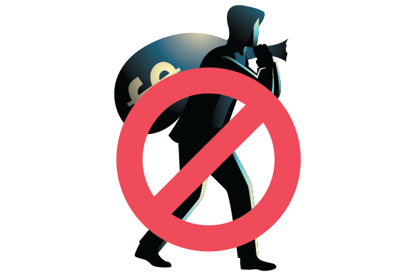 A Man Carrying a Bag of Money with a No Money Sign, Highlighting 100% Fraud Detection, Possibly Through the Implementation of Positive Pay.