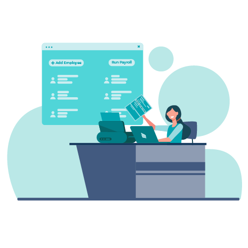 A Woman Is Sitting at a Desk with a Laptop in Front of Her, Using the Best Payroll Software to Print Payroll Checks.