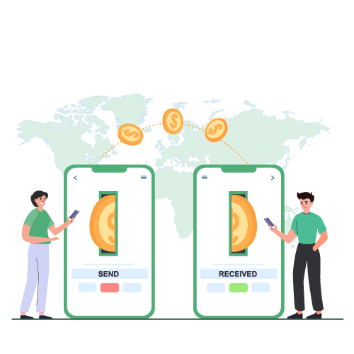 A Man and a Woman Are Using Their Phones to Transfer Money to Each Other, Benefiting from Same Day ACH