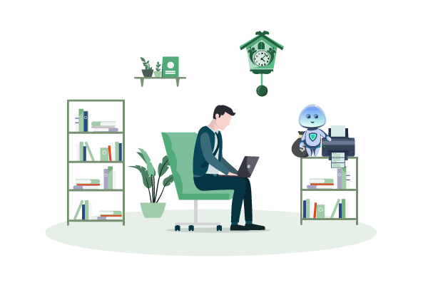 A Man Sitting at a Desk with a Robot in Front of Him, Ready for Same Day ACH Transactions.