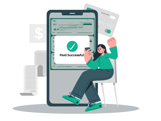 A Woman Sitting on a Chair Holding a Phone and an Invoicing Document and Payment Link.