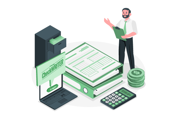 A Businessman Contemplating a Bookkeeper Alternative, Standing Next to a Calculator and Documents.