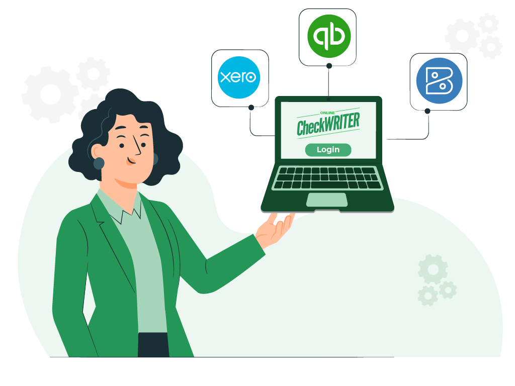 A Woman Is Holding Up a Laptop with a Lot of Accounting Software Integration Icons on It, Potentially Signifying Various Financial Functionalities, Including the Capability to 'Send Payment' Seamlessly