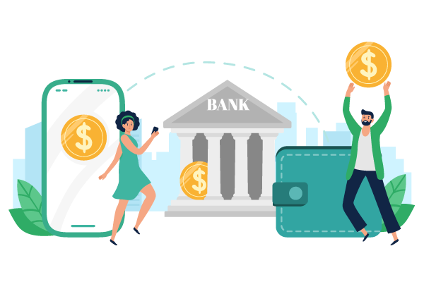 A Man and a Woman with Money in Their Hands and a Bank in the Background, Emphasizing the Benefits of "Online Banking Best."