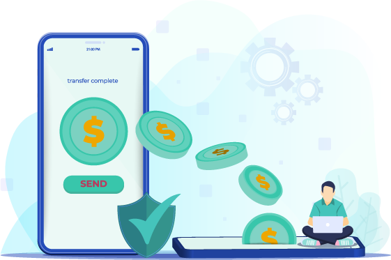 Coins fall from the mobile phone as the man explores the "Best Transfer Money App" on his laptop.