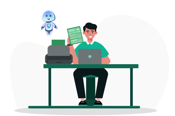 A Man Sitting at a Desk with a Laptop and Using a Free Check Printing App to Print Checks