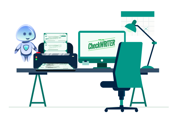 A Desk with a Printer, Computer, and "Printing Checks with QuickBooks" Software for Seamless Financial Management.