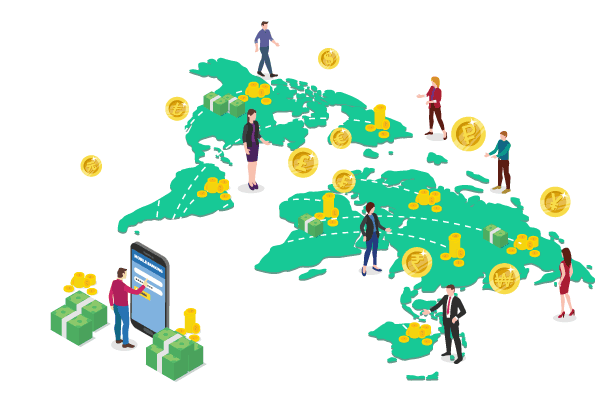 A World Map Filled with Coins and People, Showing the International Payments System Global Reach.