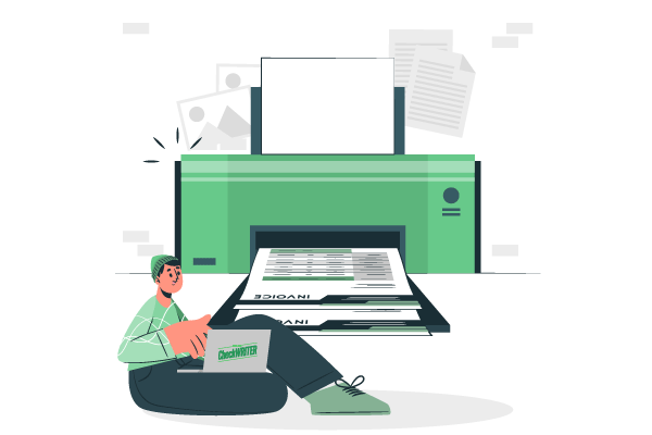 A Man Sitting on the Floor Next to a Printer, Indicating Check Printers for Efficient Check Management.