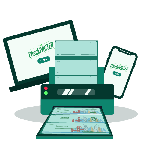 A Green Printer with a Laptop and a Tablet, Highlighting Cross Platform Support and the Convenience to Request Payment Seamlessly.