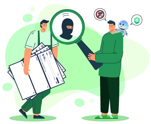 Two People Holding a Magnifying Glass, Actively Detecting Fake Checks Using Positive Pay for Checks, Enhancing Security in Printing Checks instead of Cheap Checks Order Processes.