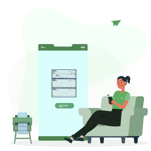 A Woman Sitting on a Couch with a Phone in Her Hand, Ensuring Safe Check Payment, Possibly Through the Implementation of Positive Pay.