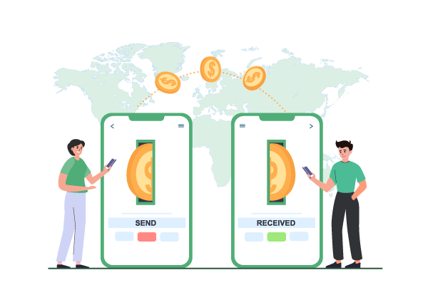 Bank Direct Deposit Two People Are Engrossed in Their Phones, One Displaying a Bank Direct Deposit Details While the Other Showcases a Coin Stack for Savings