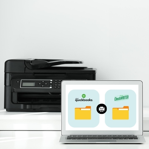 Cheap Business Checks For QuickBooks A Laptop Connected to a Printer, Set Up for Printing Cheap Business Checks for QuickBooks