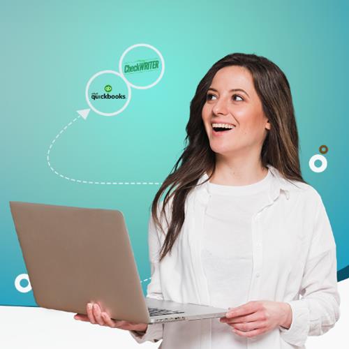 Intuit Payment Processing – Simplify Business Finances A Woman Holding a Laptop Displaying the Intuit Payment Processing Logo, Indicating the Use of Their Financial Services.