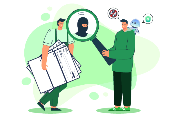 An Illustration Showing Two Individuals, One Carrying Business Checks and the Other Holding a Magnifying Glass Over a User Profile, Symbolizing a Close Review or Background Check Process.