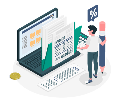 Person Managing Digital Invoices and Financial Documents on a Laptop with Financial Icons and Elements Floating Around, Illustrating Modern Online Billing and Accounting, Featuring the Best Accounting Software for Small Business.