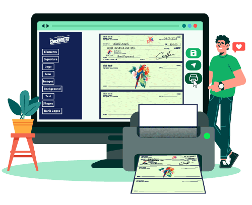 A Man Customizes Personal Checks Or Business Checks Now and A Printer Print Checks