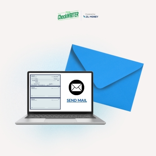 A Laptop Displaying a Check and with a Send Mail Icon on Its Screen. Represent Print and Mail Checks Online with Ease and Efficiency