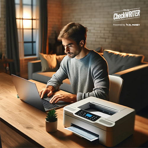 Print Online Check for Business Needs at Your Comfort A Man Print Online Check Using A Regular Printer And Blank Paper. Instant Check Printing Solutions Instead of Pre-Printed Checks