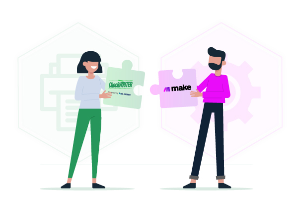 A Man And A Women Showing Integration Between Make.com And OnlineCheckWriter.com Streamline Your Payments Integrate Apps with the Check Printing Platform Via Make.com