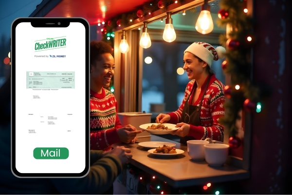 Check Mailing Simplify Holiday Payment for Food Trucks and Cafes An Image That Shows A Chef Serving Food and Two Customers Make Payment Via Check Mailing