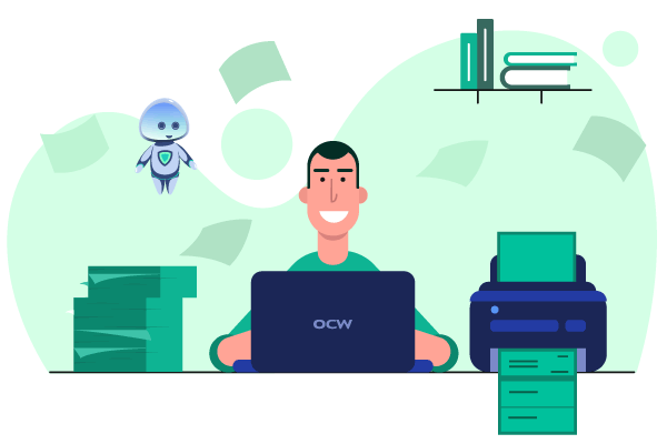 A Man Sits at a Desk with a Laptop and a Printer as He Uses Virtual Card API