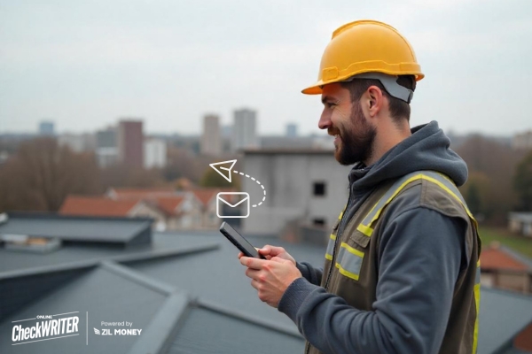 Check Mailing Solutions for Roofing Companies: Simplify Payments A Man Makes a Payment Via Check Mailing Using His Phone. Simplify Roofing Payments