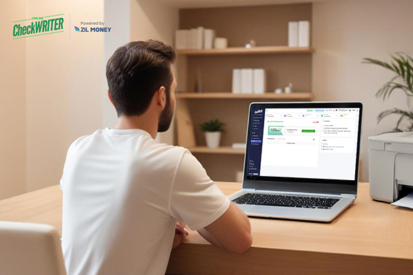 A Man Working On a Laptop Creating And Printing QuickBooks Checks. QuickBooks Check Printing Made Effortless for Your Day Spa with Easy Integration
