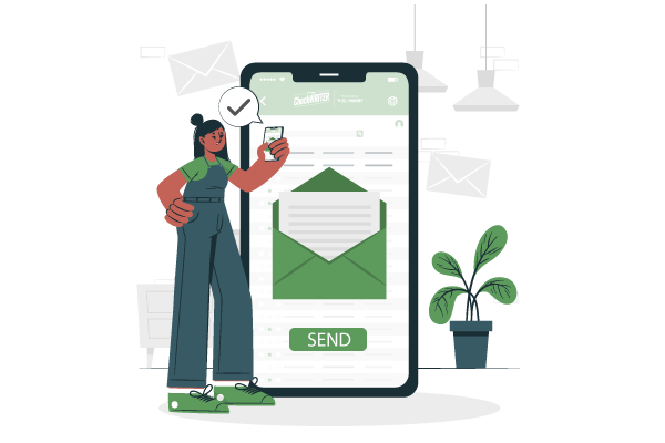 A Woman Makes a Payment Via Check Mailing Using His Phone. Simplify Payments for Stationery Shop Owners, Represents Positive Pay Protect Your Business from Check Fraud and Scams