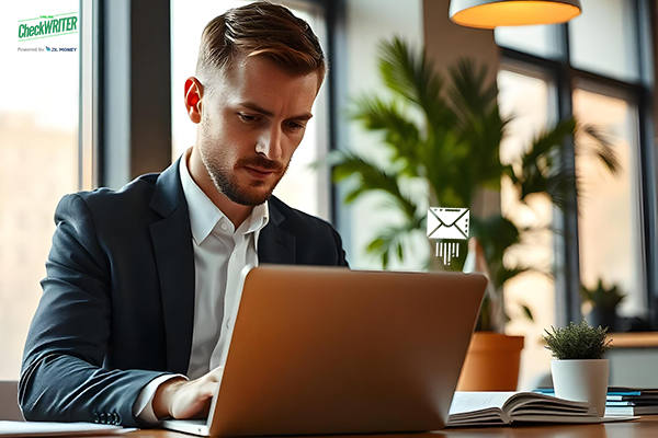 Check Mailing – Simplify Vendor Payments for Cleaning Stores A Person Working On a Laptop that Shows Platform Interface. Makes Check Mailing. Simplify Vendor Payments for Cleaning Stores