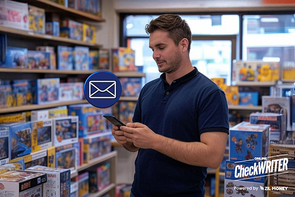 Efficient Online Check Mailing Solution for Your Toy Stores! A Man Holding a Smartphone In a Toy Shop Sending Checks Via Mail. Efficient Online Check Mailing Solution for Your Toy Stores!