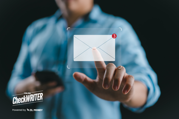 Man Using Phone and Tapping Digital Envelope Icon to Send Checks