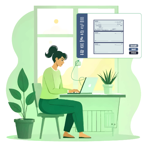 A Woman Using A Laptop to Design Checks Easily Using the Platform. The Screen Shows the Check Template. Overnight Check Mailing, Secure Payments with FedEx & USPS