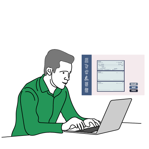 A Man Using A Laptop For Customize Check, Print and Mail Checks, Send ACH or Wire Transfers, and Invoicing for Education Industry Payments