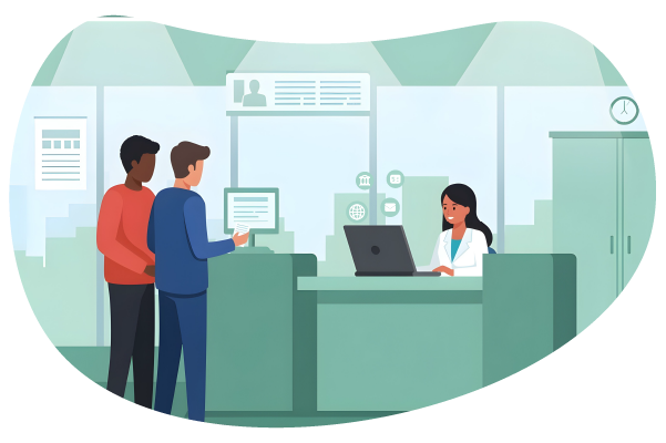 A Hospital Reception Show, Group of People Talk to Receptionst. Represents Medical Practices | Streamline Payments and Save Time