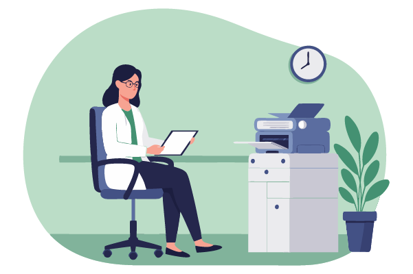 A Woman Using A Laptop and Printer To Print Checks Easily. Represents Medical Practices | Streamline Payments and Save Time