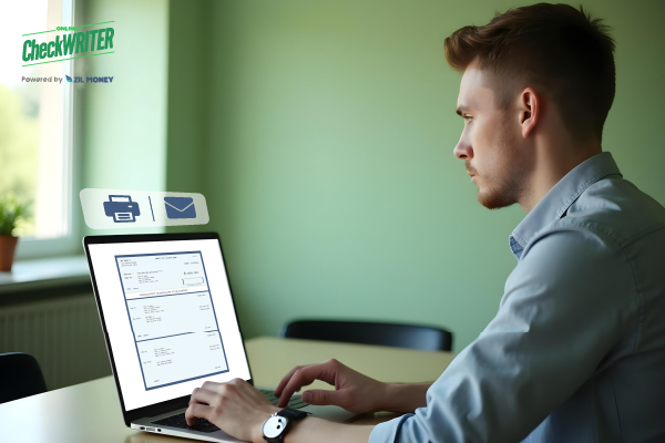 Checkbook interface displayed on a laptop screen as a professional focuses on printing and mailing checks digitally, showcasing modern financial tools in action.