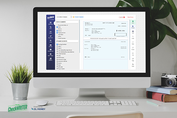 Design checks on-screen with a drag-and-drop editor shown on a desktop monitor, next to a plant, books, and a camera.
