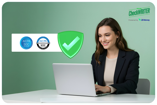 A Women Working On a Laptop Showing SOC Compliant. OnlineCheckWriter.com Receives SOC 1 and SOC 2 Compliance