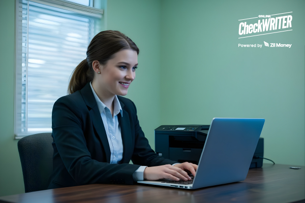 Deposit Slips Being Created by a Businesswoman on a Laptop in a Modern Office Setting with a Printer in the Background.