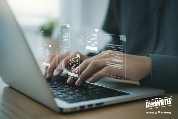 Link, Track, Done: The New Era of Bank Data for Small Businesses A Man Using A Laptop to Make a Payment Easily and Also Shows Bank Data in the Screen