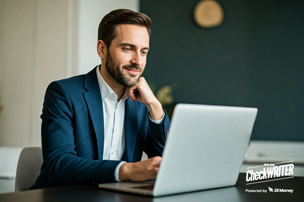 Bulk Payment Process Being Managed by a Young Businessman Using a Laptop in a Modern Office, Representing Smart Financial Workflow and Digital Payment Solutions.