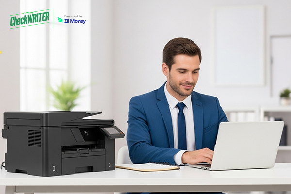 Why Most People Prefer to Print Checks Online: The Reasons Behind It A Man Using A Laptop And Printer to Print A Check Easily. Represents Check Printing Online | Save Time and Money with Customization