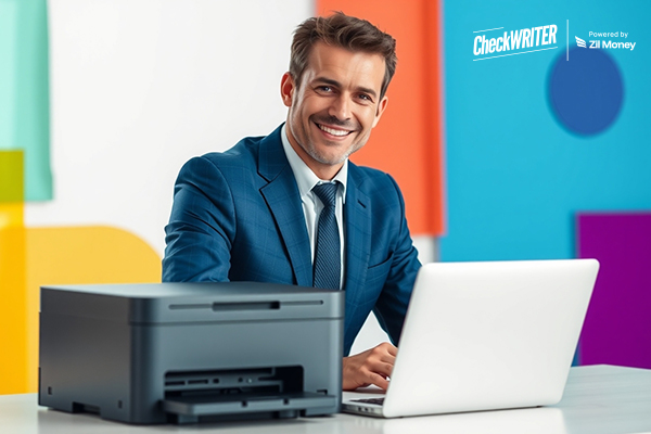 A Man Using A Laptop and Printer to Make Check Printing Easily