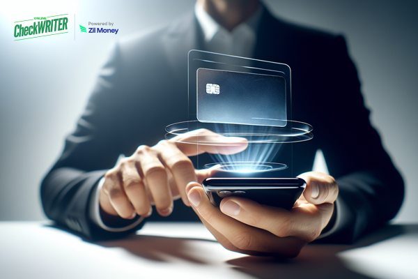 Revolutionize Your Payments: How a Virtual Card Will Transform the Digital Future A Business Professional Using a Smartphone with a Glowing Digital Interface Illustrates the Convenience and Speed of Using a Virtual Card for Payments.