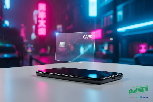 A Holographic Card Hovers Above a Smartphone in a Neon City, Representing Secure and Convenient Virtual Cards.