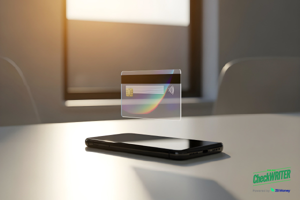 A Clear Virtual Card Hovers Above a Smartphone on a Desk, Signifying Secure and Efficient Digital Payments.