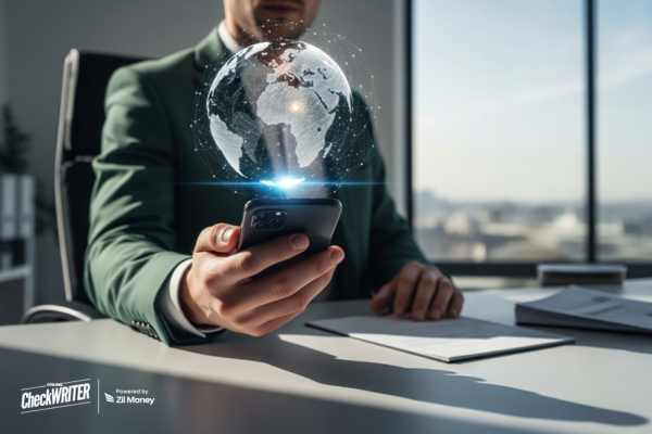 International B2B Payments Made Easy A Man Holding a Smartphone to Send Interntional Payment. International B2B Payments Made Easy